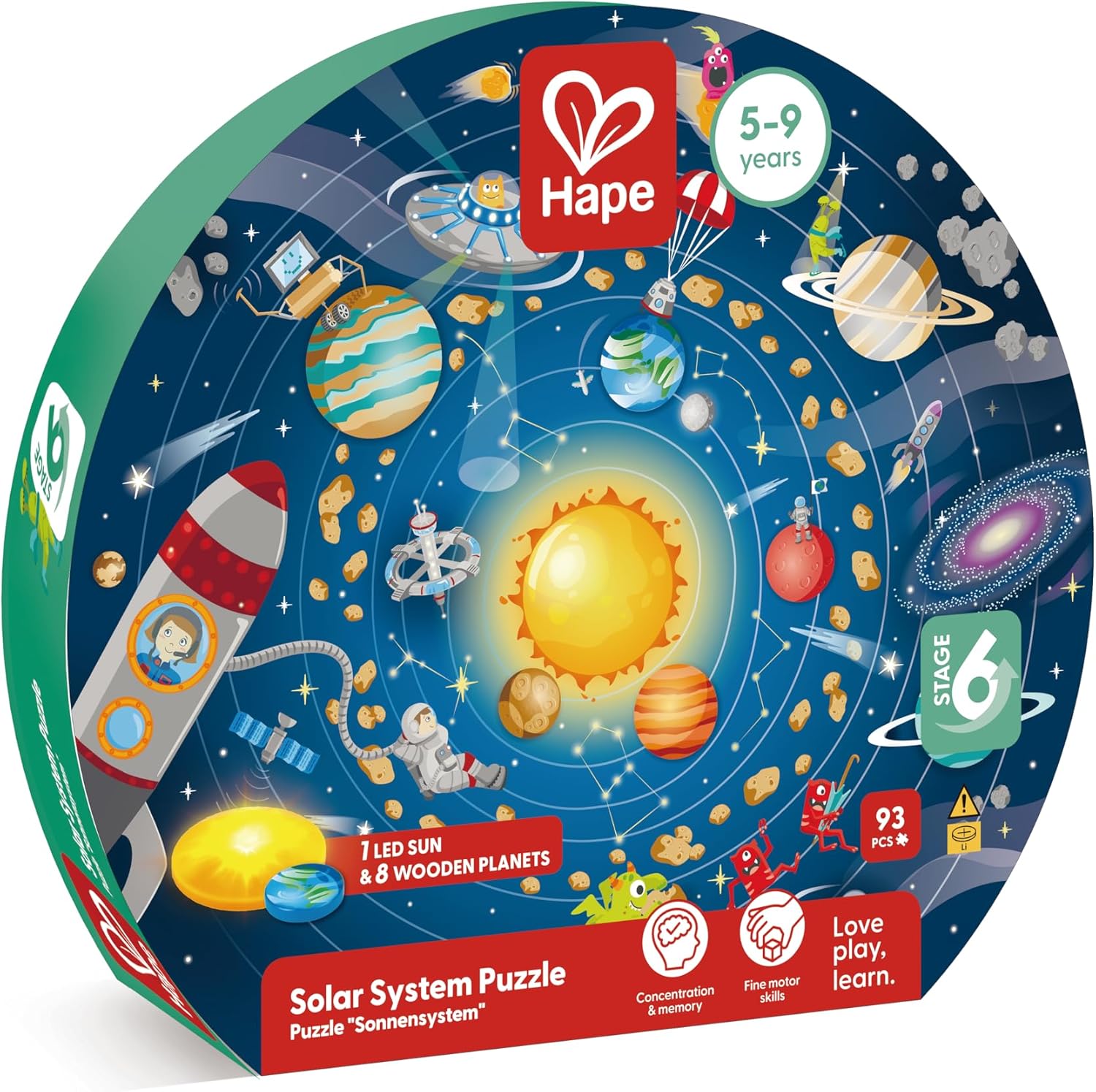 Hape Solar System Puzzle 102 pieces LED Sun 8 wooden planets Poster in 10 languages