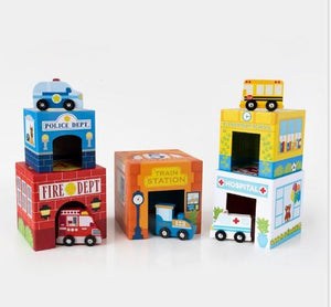 Stackables - Busy City nesting boxes and Wooden Car Playset