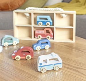 Car Display Case with 6 Wooden Vehicles Speedy Monkey