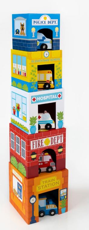 Stackables - Busy City nesting boxes and Wooden Car Playset