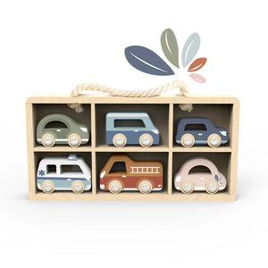 Car Display Case with 6 Wooden Vehicles Speedy Monkey