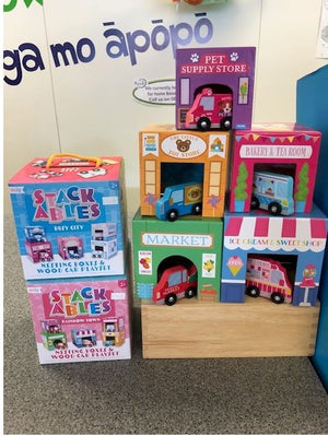 Stackables - Rainbow Town Nesting Boxes and Wooden Car Playset