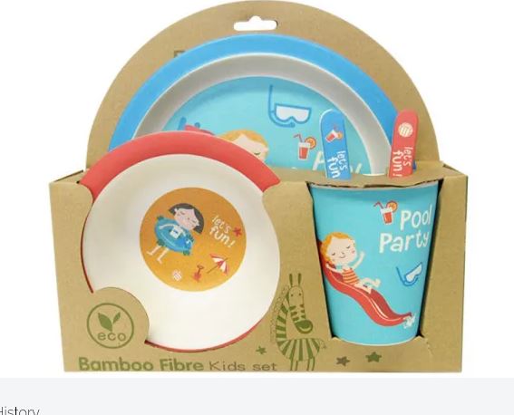 Bamboo Kids Plate bowl Cup Cutlery Set - Pool Party