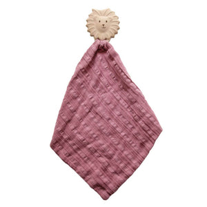 Tikiri Lion rubber teether with dusky pink muslin